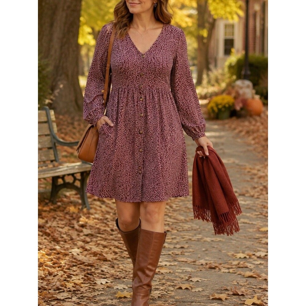 Red Ditzy Floral Dress L L/S Vneck Side Zip Loose Swing Boho Babydoll Sweetheart